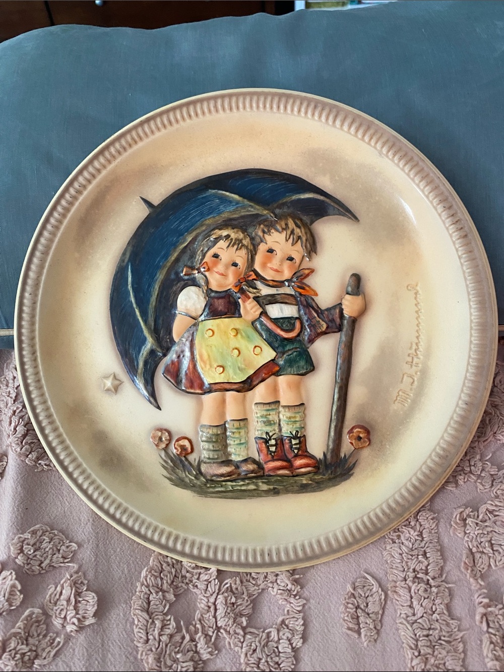 1975 Hummel Anniversary Plate “ Stormy Weather” Blue Umbrella Boy & Girl